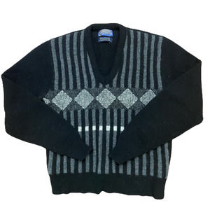 Pendleton Vintage Black Grey 100% Wool V-Neck Sweater Size Men's Small